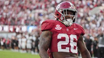 Oct 4, 2025; Tuscaloosa, Alabama, USA;  Alabama running back Jam Miller (26) reacts after scoring a late touchdown to seal the victory at Saban Field at Bryant-Denny Stadium. Alabama downed Vanderbilt 30-14.