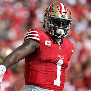Nov 10, 2024; Tampa, Florida, USA; San Francisco 49ers wide receiver Deebo Samuel Sr. (1) against the Tampa Bay Buccaneers during the first half at Raymond James Stadium. Mandatory Credit: Kim Klement Neitzel-Imagn Images