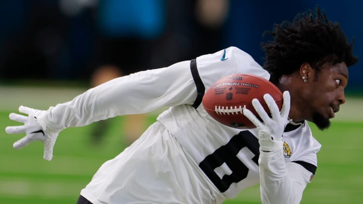 Jacksonville Jaguars safety Darnell Savage (6) falls to the turf after hauling in a reception during the second day of a mandatory minicamp Tuesday, June 11, 2024 at EverBank Stadium’s Miller Electric Center in Jacksonville, Fla. [Corey Perrine/Florida Times-Union]