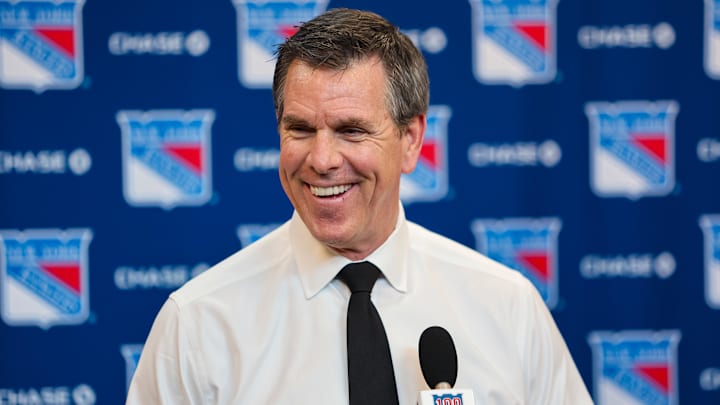 Apr 5, 2026; New York, New York, USA; New York Rangers head coach Mike Sullivan speaks to reporters after an 8-1 win against the Washington Capitals at Madison Square Garden. Apr 5, 2026; New York, New York, USA; New York Rangers head coach Mike Sullivan speaks to reporters after an 8-1 win against the Washington Capitals at Madison Square Garden.