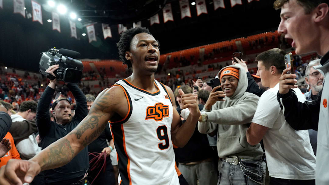 Oklahoma State Cowboys guard Anthony Roy (9) celebrates with fans after a BIG 12 men's college basketball game between the Oklahoma State Cowboys (OSU) and the BYU Cougars at Gallagher-Iba Arena in Stillwater, Okla., Wednesday, Feb. 4, 2026.