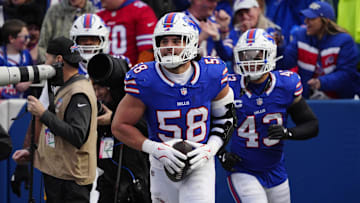 Dec 29, 2024; Orchard Park, New York, USA; Buffalo Bills linebacker Matt Milano (58) after recovering a fumble against the New York Jets during the second half at Highmark Stadium. Mandatory Credit: Gregory Fisher-Imagn Images