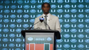 Jul 24, 2024; Charlotte, NC, USA;  Miami Hurricanes quarterback Cam Ward speaks to the media during the ACC Kickoff at Hilton Charlotte Uptown. Mandatory Credit: Jim Dedmon-USA TODAY Sports