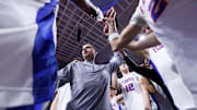 Feb 15, 2025; Gainesville, Florida, USA; Florida Gators head coach Todd Golden huddles with his team after a game against the South Carolina Gamecocks at Exactech Arena at the Stephen C. O'Connell Center. Mandatory Credit: Matt Pendleton-Imagn Images