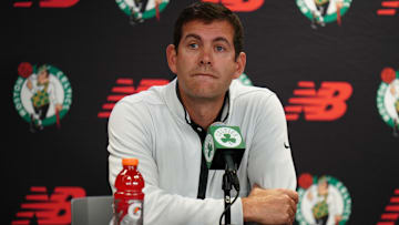 Oct 2, 2023; Boston, Celtics, USA; Boston Celtics president of basketball operations Brad Stevens talks during Boston Celtics Media Day. Mandatory Credit: David Butler II-Imagn Images