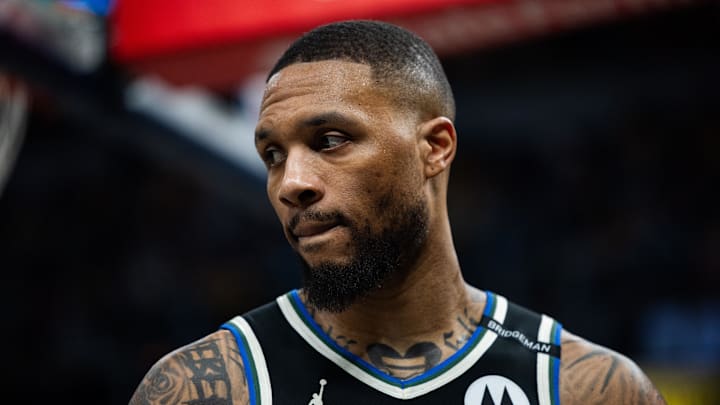 Then-Milwaukee Bucks guard Damian Lillard on Apr 22, 2025.