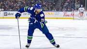 Oct 4, 2024; Vancouver, British Columbia, CAN; Vancouver Canucks defenseman Derek Forbort (27) skates against the Edmonton Oilers during the second period at Rogers Arena. Mandatory Credit: Bob Frid-Imagn Images