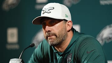 Jun 10, 2025; Philadelphia, PA, USA; Philadelphia Eagles head coach Nick Sirianni addresses media during a press conference at NovaCare Complex. Mandatory Credit: Kyle Ross-Imagn Images