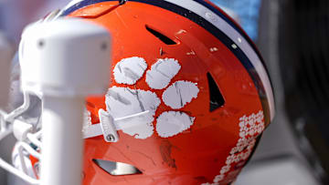 Oct 12, 2024; Winston-Salem, North Carolina, USA; A battle scarred Clemson Tigers helmet during the second half against the Wake Forest Demon Deacons at Allegacy Federal Credit Union Stadium. Mandatory Credit: Jim Dedmon-Imagn Images