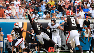 A pass sails past Cleveland Browns linebacker Jeremiah Owusu-Koramoah (6) but intended for Jacksonville Jaguars running back Travis Etienne Jr. (1), not shown, as tight end Brenton Strange (85) looks on during the fourth quarter of an NFL football matchup Sunday, Sept. 15, 2024 at EverBank Stadium in Jacksonville, Fla. The Browns defeated the Jaguars 18-13. [Corey Perrine/Florida Times-Union]
