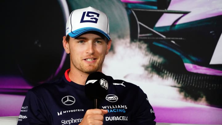 May 2, 2024; Miami Gardens, Florida, USA;  Williams driver Logan Sargeant (2) addresses the media in advance of the Miami Grand Prix at the Miami International Autodrome. Mandatory Credit: John David Mercer-USA TODAY Sports