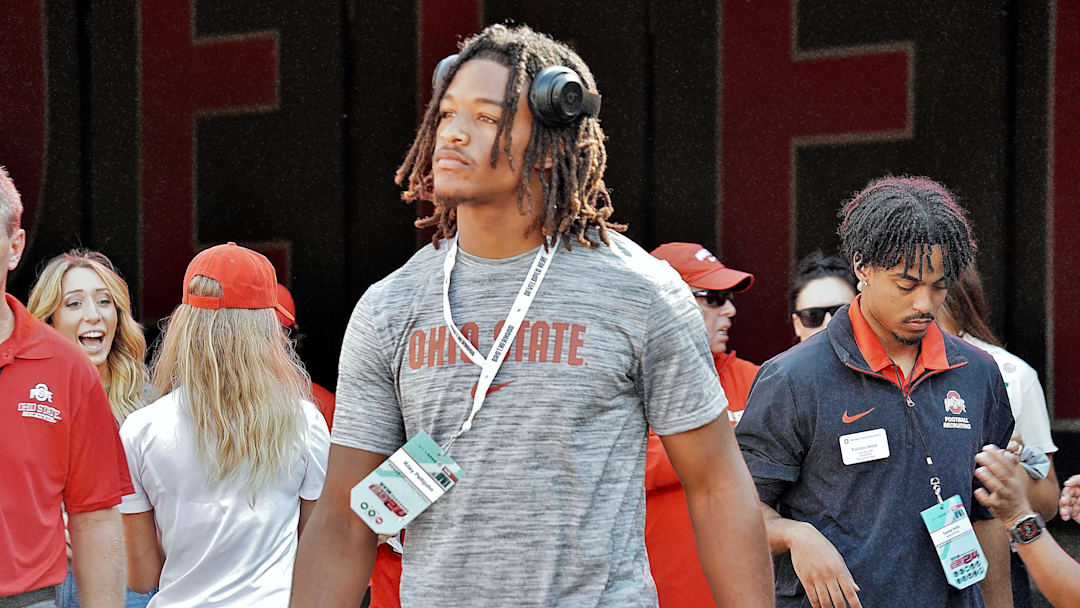 Oct 5, 2024; Columbus, OH, USA; Class of 2025 McKinney, Texas, linebacker Riley Pettijohn walks to the field ahead of Ohio State's 35-7 win over the Iowa Hawkeyes.