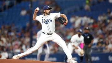 Jul 10, 2024; St. Petersburg, Florida, USA;  Tampa Bay Rays pitcher Zach Eflin (24) throws a pitch against the New York Yankees in the first inning at Tropicana Field.