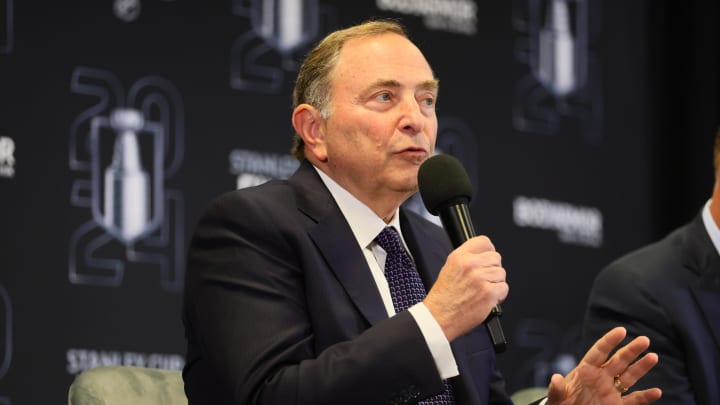 Jun 8, 2024; Sunrise, Florida, USA; 
Gary Bettman Commissioner of the NHL during a press conference prior to the game against the Florida Panters and Edmonton Oilers in game one of the 2024 Stanley Cup Final at Amerant Bank Arena. Mandatory Credit: Sam Navarro-USA TODAY Sports