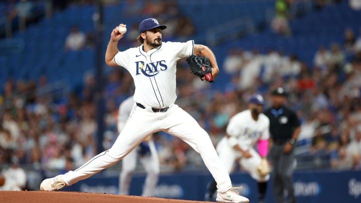 Jul 10, 2024; St. Petersburg, Florida, USA;  Tampa Bay Rays pitcher Zach Eflin (24) throws a pitch against the New York Yankees in the first inning at Tropicana Field.