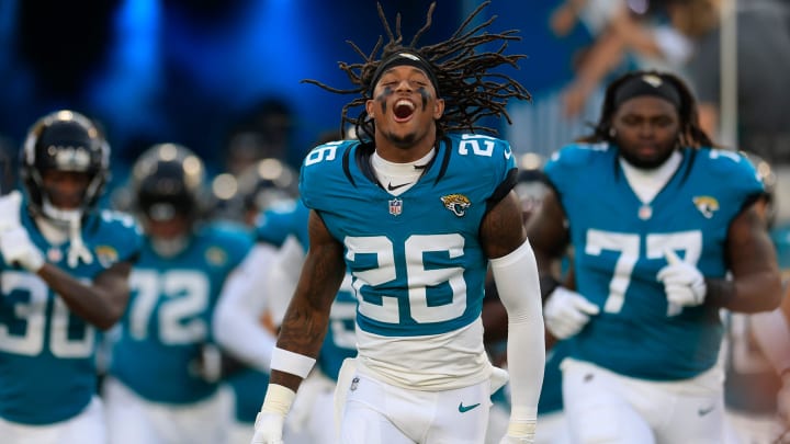 Jacksonville Jaguars safety Antonio Johnson (26) yells before a preseason NFL football game Saturday, Aug. 17, 2024 at EverBank Stadium in Jacksonville, Fla. The Jacksonville Jaguars defeated the Tampa Bay Buccaneers 20-7. [Corey Perrine/Florida Times-Union]