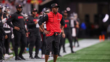 Dec 1, 2024; Atlanta, Georgia, USA; Atlanta Falcons head coach Raheem Morris on the sideline against the Los Angeles Chargers in the first quarter at Mercedes-Benz Stadium. Mandatory Credit: Brett Davis-Imagn Images
