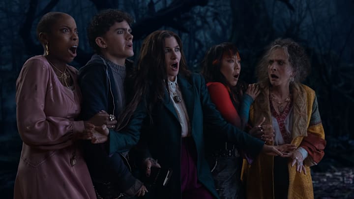 (L-R) Jennifer Kale (Sasheer Zamata), Teen (Joe Locke), Agatha Harkness (Kathryn Hahn), Alice Wu-Gulliver (Ali Ahn), and Lilia Calderu (Patti LuPone) in Marvel Television's AGATHA ALL ALONG, exclusively on Disney+. Photo by Chuck Zlotnick. © 2024 MARVEL.