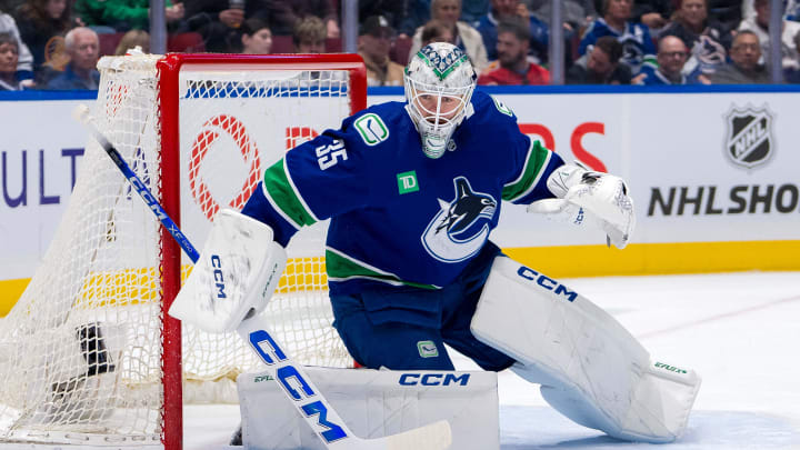 Apr 16, 2024; Vancouver, British Columbia, CAN; Vancouver Canucks goalie Thatcher Demko (35) in the goal against the Calgary Flames in the second period at Rogers Arena. Mandatory Credit: Bob Frid-USA TODAY Sports