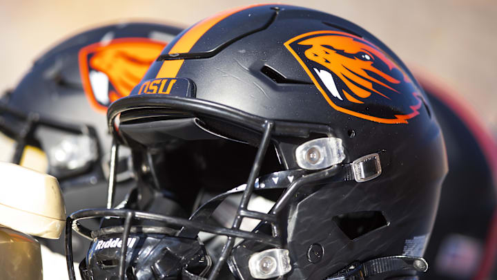 Nov 19, 2022; Tempe, Arizona, USA; Detailed view of an Oregon State Beavers helmet at Sun Devil Stadium. Mandatory Credit: Mark J. Rebilas-Imagn Images