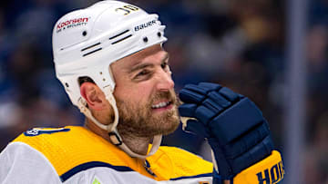 Apr 23, 2024; Vancouver, British Columbia, CAN; Nashville Predators forward Ryan O'Reilly (90) during a stop in play against the Vancouver Canucks in the third period in game two of the first round of the 2024 Stanley Cup Playoffs at Rogers Arena. Mandatory Credit: Bob Frid-Imagn Images