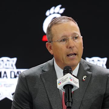 Jul 8, 2025; Frisco, TX, USA; Cincinnati head coach Scott Satterfield addresses the media during 2025 Big 12 Football Media Days at The Star. Mandatory Credit: Raymond Carlin III-Imagn Images