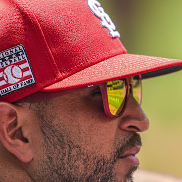 Jul 21, 2024; Cumberland, Georgia, USA; St. Louis Cardinals manager Oliver Marmol (37) in the dugout against the Atlanta Braves during the first inning at Truist Park. Mandatory Credit: Dale Zanine-Imagn Images