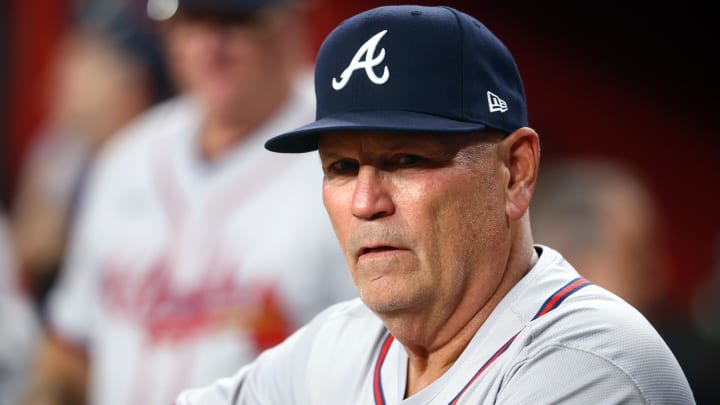 Jul 9, 2024; Phoenix, Arizona, USA; Atlanta Braves manager Brian Snitker against the Arizona Diamondbacks at Chase Field. Mandatory Credit: Mark J. Rebilas-USA TODAY Sports