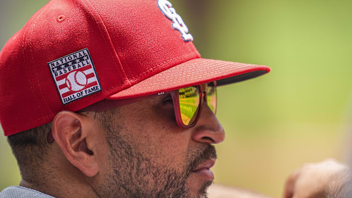 Jul 21, 2024; Cumberland, Georgia, USA; St. Louis Cardinals manager Oliver Marmol (37) in the dugout against the Atlanta Braves during the first inning at Truist Park. Mandatory Credit: Dale Zanine-Imagn Images