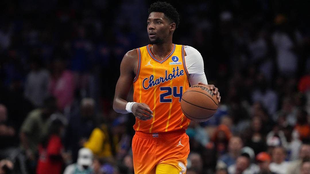 Mar 26, 2026; Charlotte, North Carolina, USA; Charlotte Hornets forward Brandon Miller (24) brings the ball up court against the New York Knicks during the second quarter at the Spectrum Center. Mandatory Credit: Jim Dedmon-Imagn Images