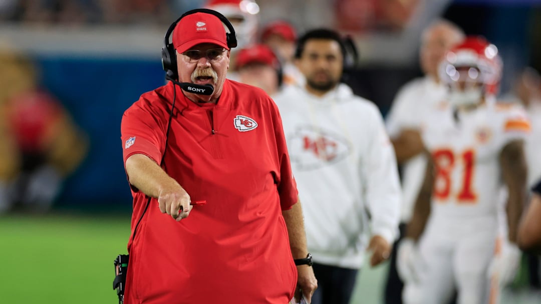 Kansas City Chiefs head coach Andy Reid makes a case with the referee during the first quarter of an NFL football matchup at EverBank Stadium, Monday, Oct. 6, 2025, in Jacksonville, Fla. The Jacksonville Jaguars edged the Kansas City Chiefs 31-28. [Corey Perrine/Florida Times-Union]