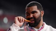 Aug 6, 2021; Chiba, Japan;  Gable Dan Steveson (USA) with his gold medal at the medals ceremony for the men's freestyle 125kg wrestling competition during the Tokyo 2020 Olympic Summer Games at Makuhari Messe Hall A. Mandatory Credit: Mandi Wright-USA TODAY Sports