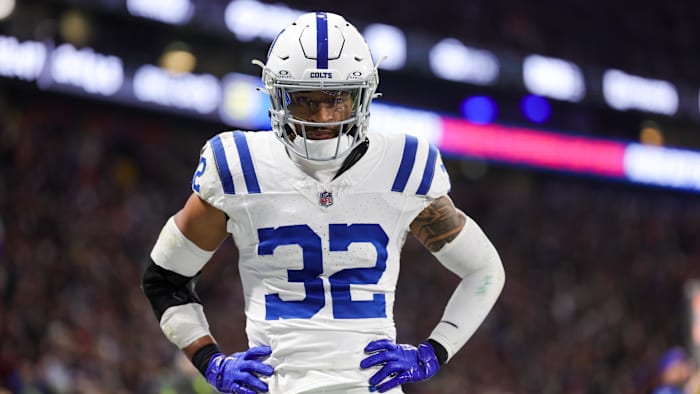 Indianapolis Colts safety Julian Blackmon (32) reacts after a play against the New England Patriots.