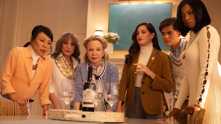 (L-R): Alice Wu-Gulliver (Ali Ahn), Lilia Calderu (Patti LuPone), Mrs. Hart/Sharon Davis (Debra Jo Rupp), Agatha Harkness (Kathryn Hahn), Teen (Joe Locke) and Jennifer Kale (Sasheer Zamata) in Marvel Television's AGATHA ALL ALONG, exclusively on Disney +. Photo by Chuck Zlotnick. © 2024 MARVEL.