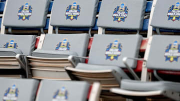 Seats with NCAA logos are pictured during game 3 between Texas Tech and Ole Miss at the Women’s College World Series at Devon Park in Oklahoma City, on Thursday, May 29, 2025.