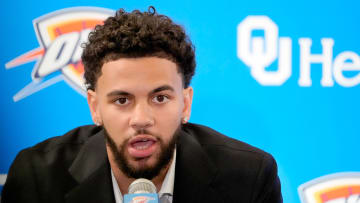 Ajay Mitchell speaks during an introductory press conference for the 2024 Thunder draft picks at Oklahoma Contemporary Arts Center in Oklahoma City, Saturday, June, 29, 2024.