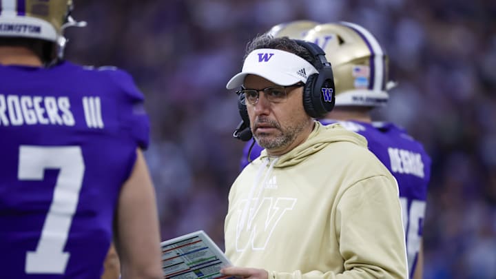 Nov 2, 2024; Seattle, Washington, USA; Washington Huskies head coach Jedd Fisch stands on the sideline during the first quarter against the USC Trojans at Alaska Airlines Field at Husky Stadium. Mandatory Credit: Joe Nicholson-Imagn Images