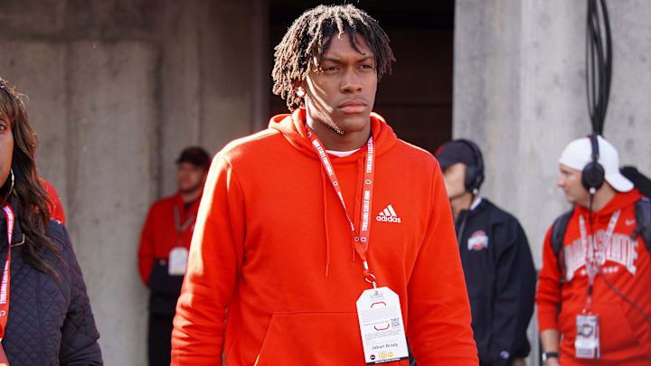 Recruit Jabari Brady watches Ohio State warm up before playing Penn State Oct. 21, 2023 at Ohio Stadium.