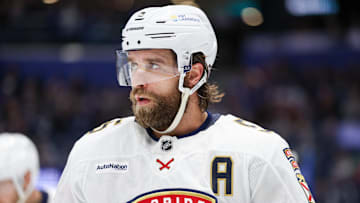 Dec 22, 2024; Tampa, Florida, USA; Florida Panthers defenseman Aaron Ekblad (5) looks on against the Tampa Bay Lightning in the third period at Amalie Arena. Mandatory Credit: Nathan Ray Seebeck-Imagn Images