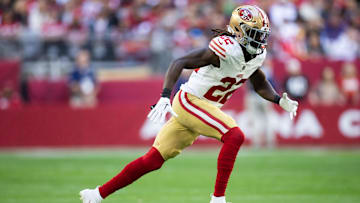 Jan 5, 2025; Glendale, Arizona, USA; San Francisco 49ers cornerback Isaac Yiadom (22) against the Arizona Cardinals at State Farm Stadium. Mandatory Credit: Mark J. Rebilas-Imagn Images