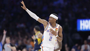 Mar 29, 2025; Oklahoma City, Oklahoma, USA; Oklahoma City Thunder guard Shai Gilgeous-Alexander (2) gestures after scoring against the Indiana Pacers during the second half at Paycom Center. Mandatory Credit: Alonzo Adams-Imagn Images