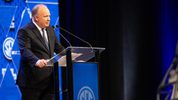 Jul 18, 2024; Dallas, TX, USA; Kentucky head coach Mark Stoops speaking at Omni Dallas Hotel. Mandatory Credit: Brett Patzke-USA TODAY Sports