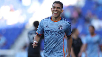 New York City FC forward Alonso Martinez (16) celebrates a first half goal against Nashville SC at Red Bull Arena 