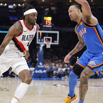 Mar 7, 2025; Oklahoma City, Oklahoma, USA; Portland Trail Blazers forward Jerami Grant (9) drives to the basket as Oklahoma City Thunder forward Jaylin Williams (6) defends during the second half at Paycom Center. Mandatory Credit: Alonzo Adams-Imagn Images