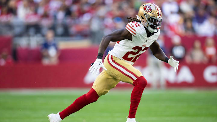Jan 5, 2025; Glendale, Arizona, USA; San Francisco 49ers cornerback Isaac Yiadom (22) against the Arizona Cardinals at State Farm Stadium. Mandatory Credit: Mark J. Rebilas-Imagn Images