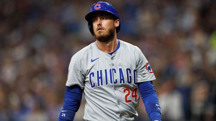 Jun 13, 2024; St. Petersburg, Florida, USA;  Chicago Cubs first baseman Cody Bellinger (24) reacts after striking out against the Tampa Bay Rays in the sixth inning at Tropicana Field.