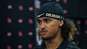 Jul 9, 2025; Frisco, TX, USA; Colorado quarterback Julian Lewis speaks with the media during 2025 Big 12 Football Media Days at The Star. Mandatory Credit: Raymond Carlin III-Imagn Images