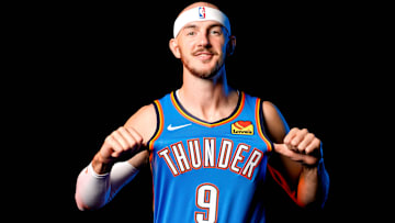 Alex Caruso is pictured during the Thunder media day at the Paycom Center in Oklahoma City, on Monday, Sept. 30, 2024.