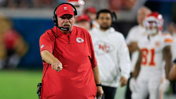 Kansas City Chiefs head coach Andy Reid makes a case with the referee during the first quarter of an NFL football matchup at EverBank Stadium, Monday, Oct. 6, 2025, in Jacksonville, Fla. The Jacksonville Jaguars edged the Kansas City Chiefs 31-28. [Corey Perrine/Florida Times-Union]