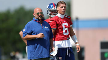 Jul 23, 2025; East Rutherford, NJ, USA; New York Giants head coach Brian Daboll and quarterback Jaxson Dart (6) during training camp at Quest Diagnostics Training Center. Mandatory Credit: Vincent Carchietta-Imagn Images